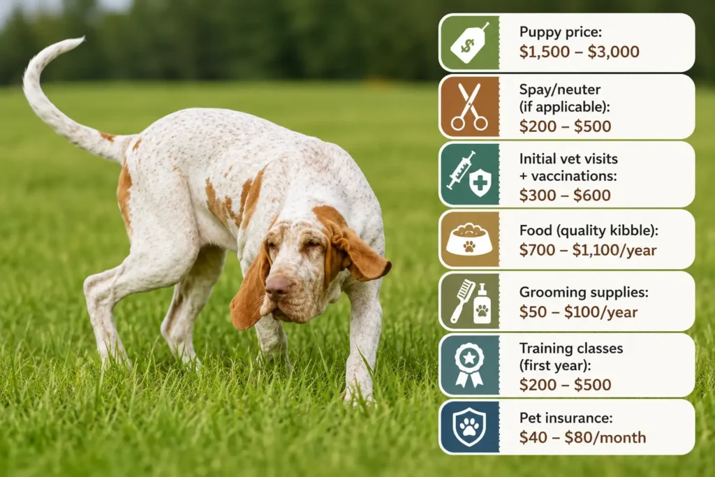 Bracco Italiano ownership cost infographic with expense icons and price ranges.