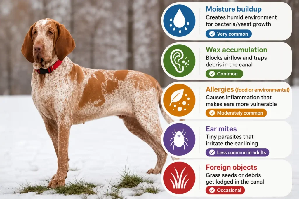 Bracco Italiano ear infection causes infographic with icons and risk factors.