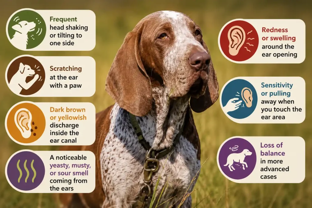 Bracco Italiano ear infection symptoms infographic with warning signs and icons.