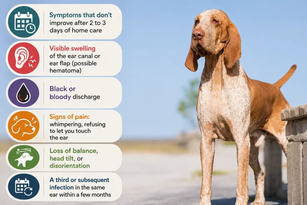 Bracco Italiano ear infection warning signs infographic with vet care indicators.