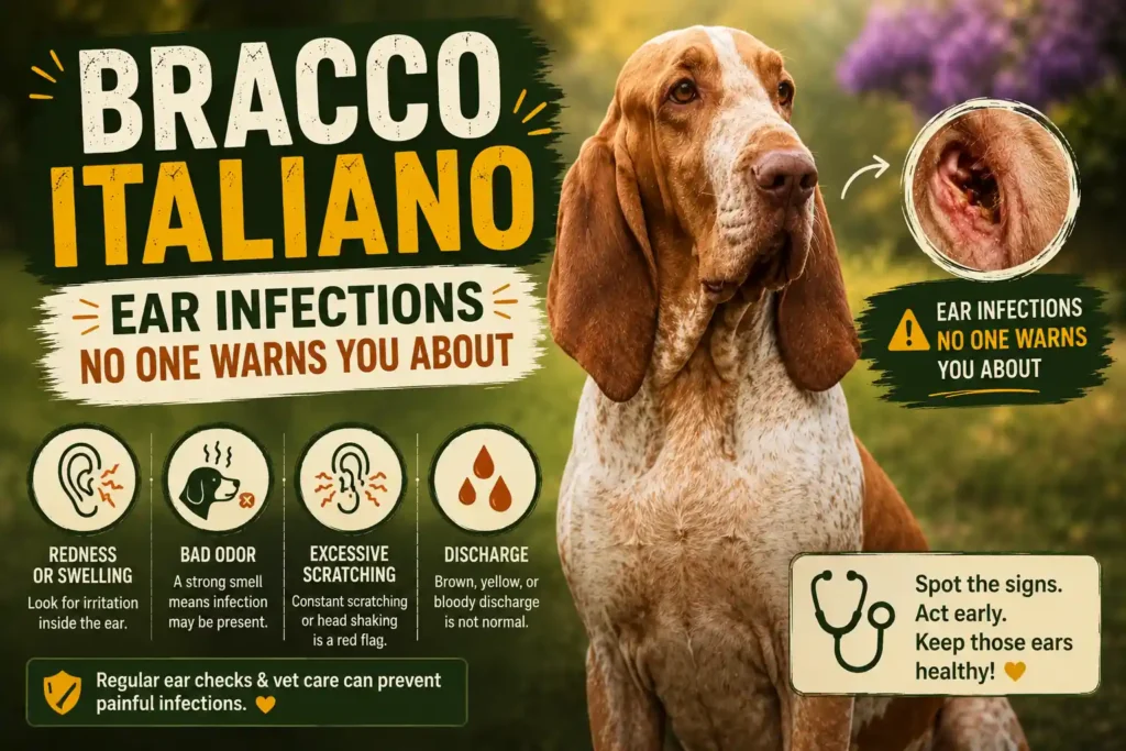 Bracco Italiano ear infection warning thumbnail with symptoms and care icons.