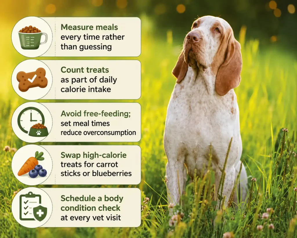 Bracco Italiano feeding tips infographic with portion control and healthy treat advice.
