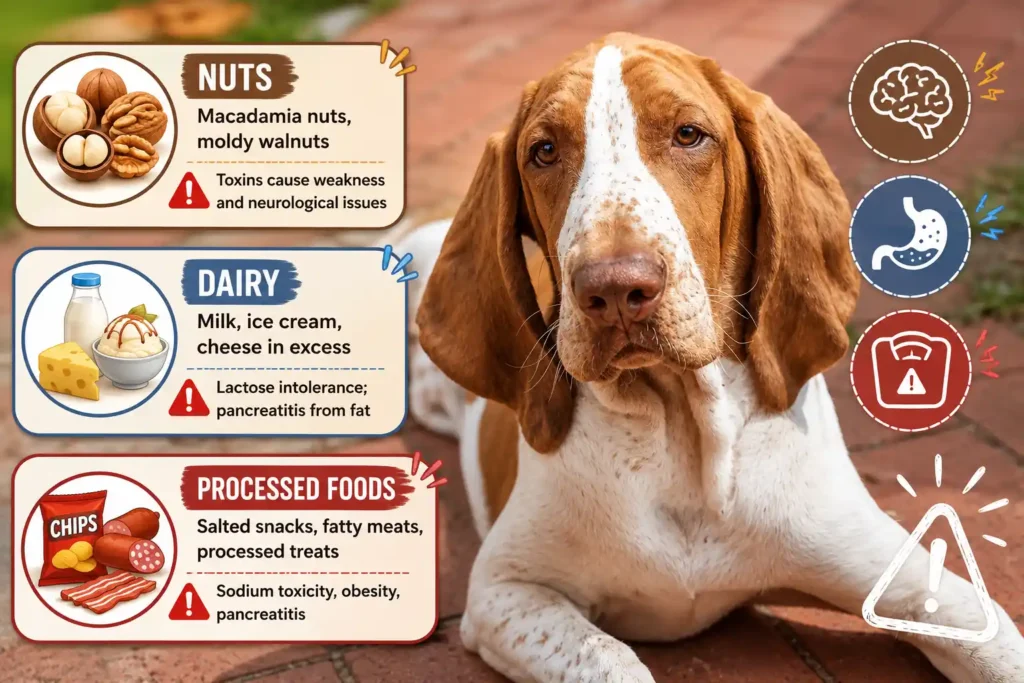 Bracco Italiano food risk infographic highlighting nuts, dairy, and processed foods to avoid.