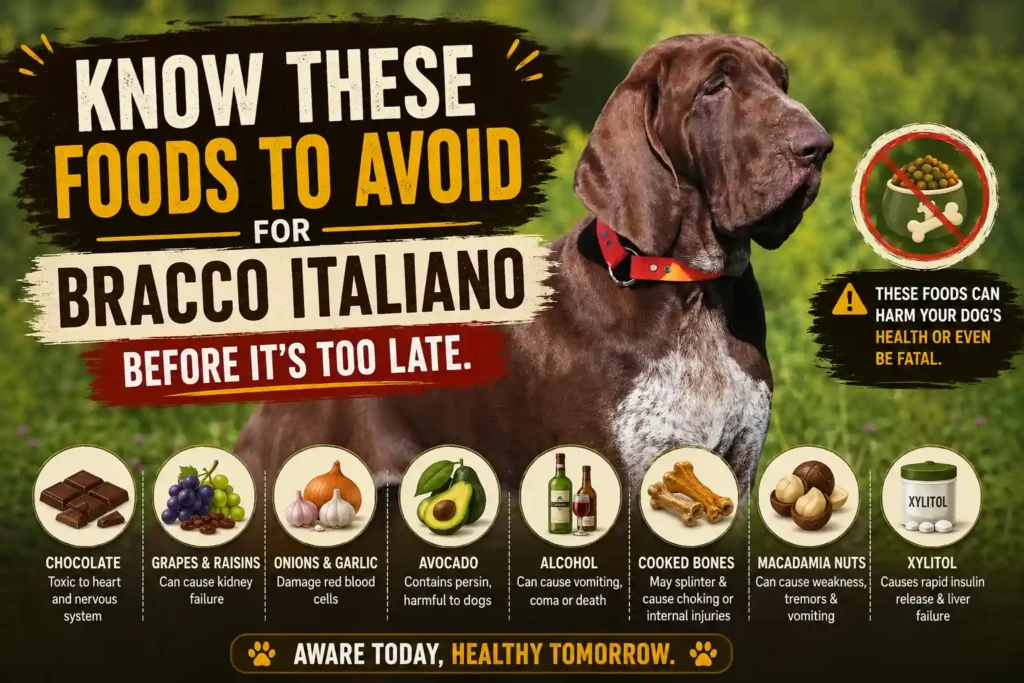 Bracco Italiano foods to avoid infographic with common toxic foods and warning icons.