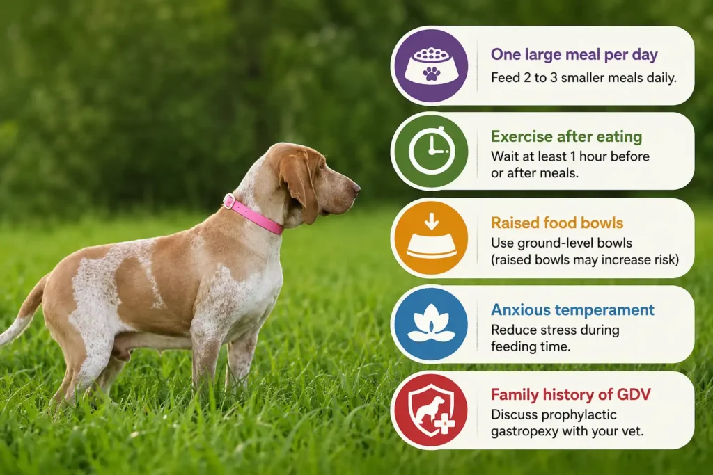 Bracco Italiano GDV prevention infographic with feeding and care tips