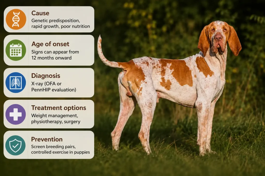 Bracco Italiano hip health infographic with causes, diagnosis, treatment, and prevention icons.