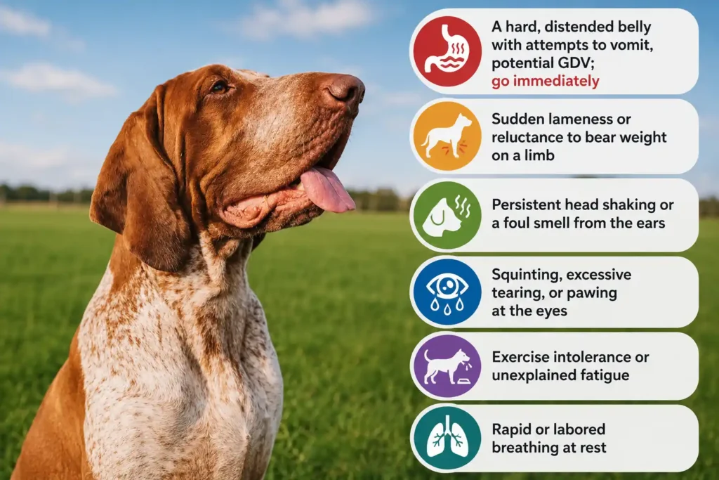 Bracco Italiano health warning signs infographic with emergency symptom icons.
