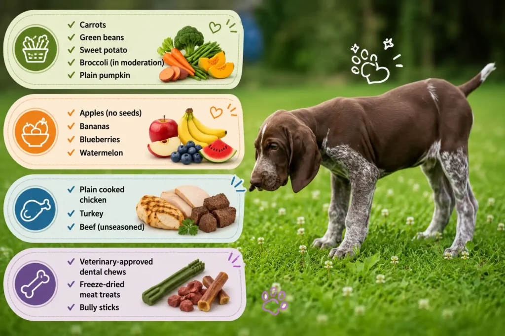 Bracco Italiano healthy foods infographic with safe vegetables, fruits, proteins, and treats. 
