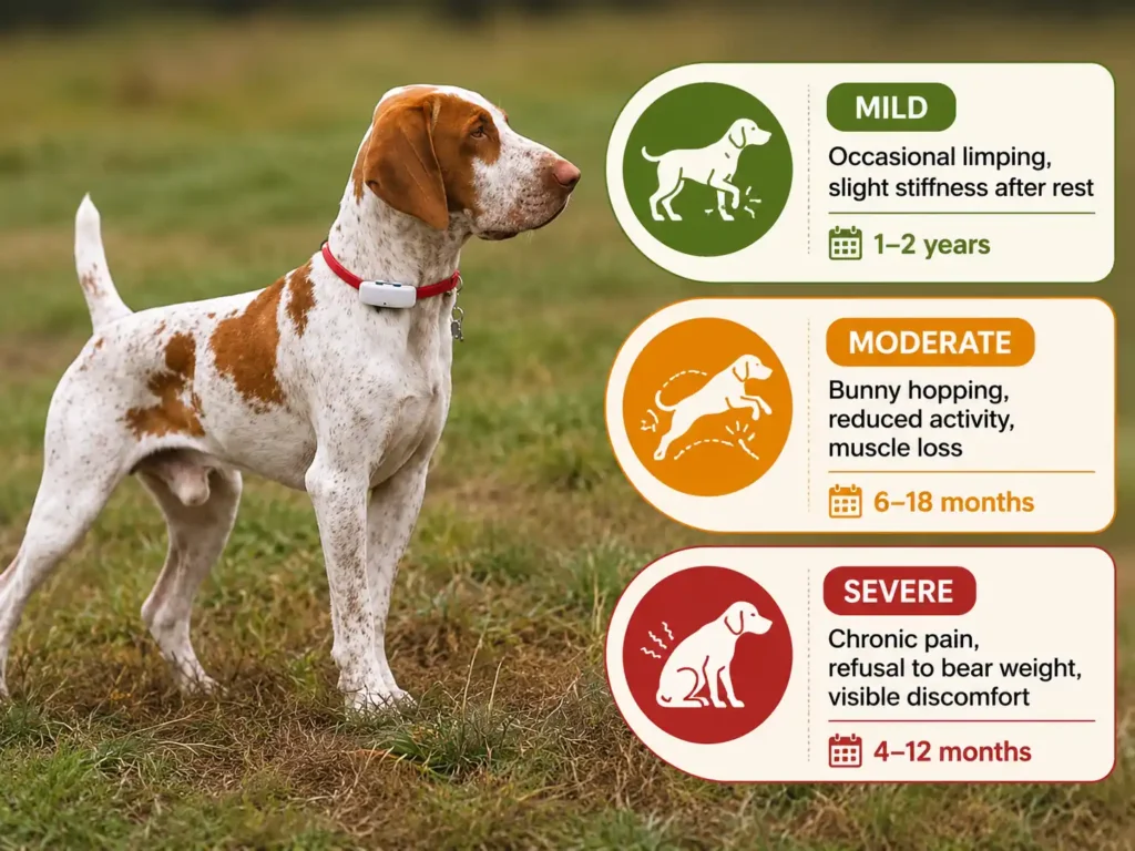 Bracco Italiano hip dysplasia stages infographic with symptom severity icons.