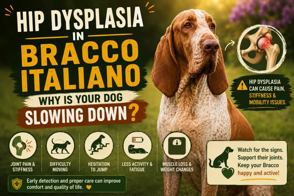Bracco Italiano hip dysplasia infographic with symptoms and joint health icons.