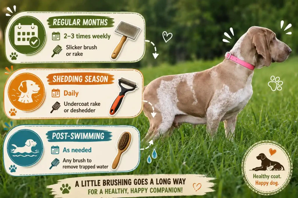 Bracco Italiano brushing schedule and grooming tools infographic.