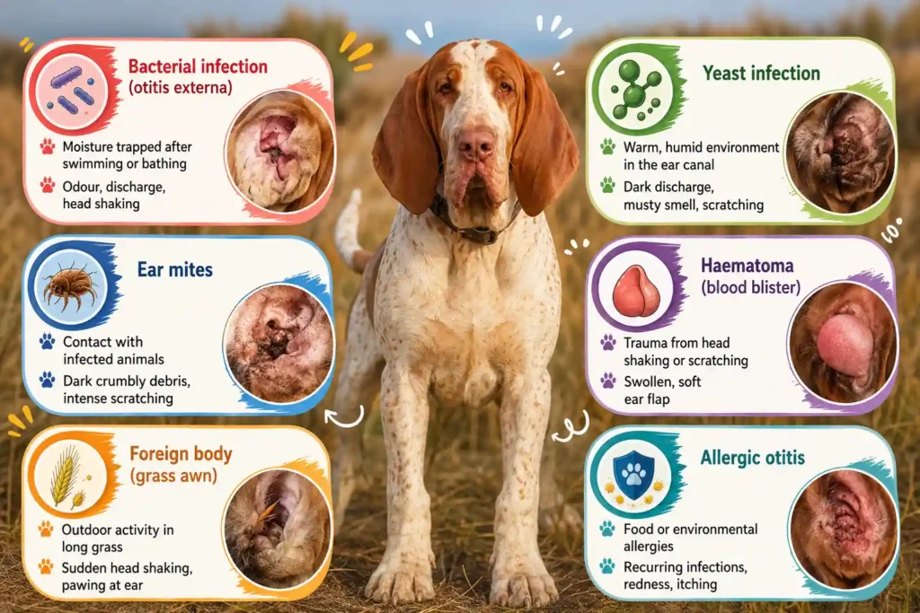 Infographic showing common Bracco Italiano ear problems.