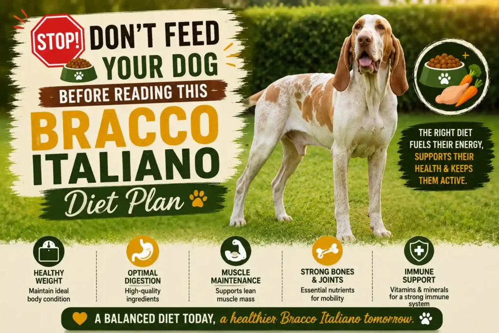 Bracco Italiano diet plan thumbnail with healthy feeding tips and nutrition icons.