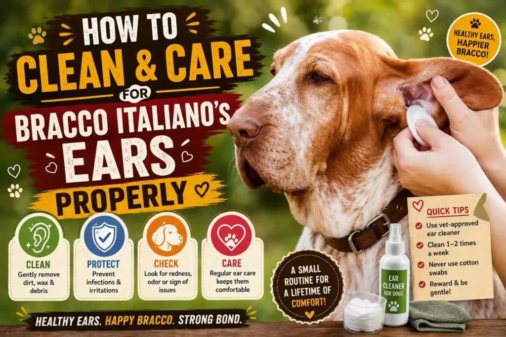 Bracco Italiano ear cleaning and care infographic.