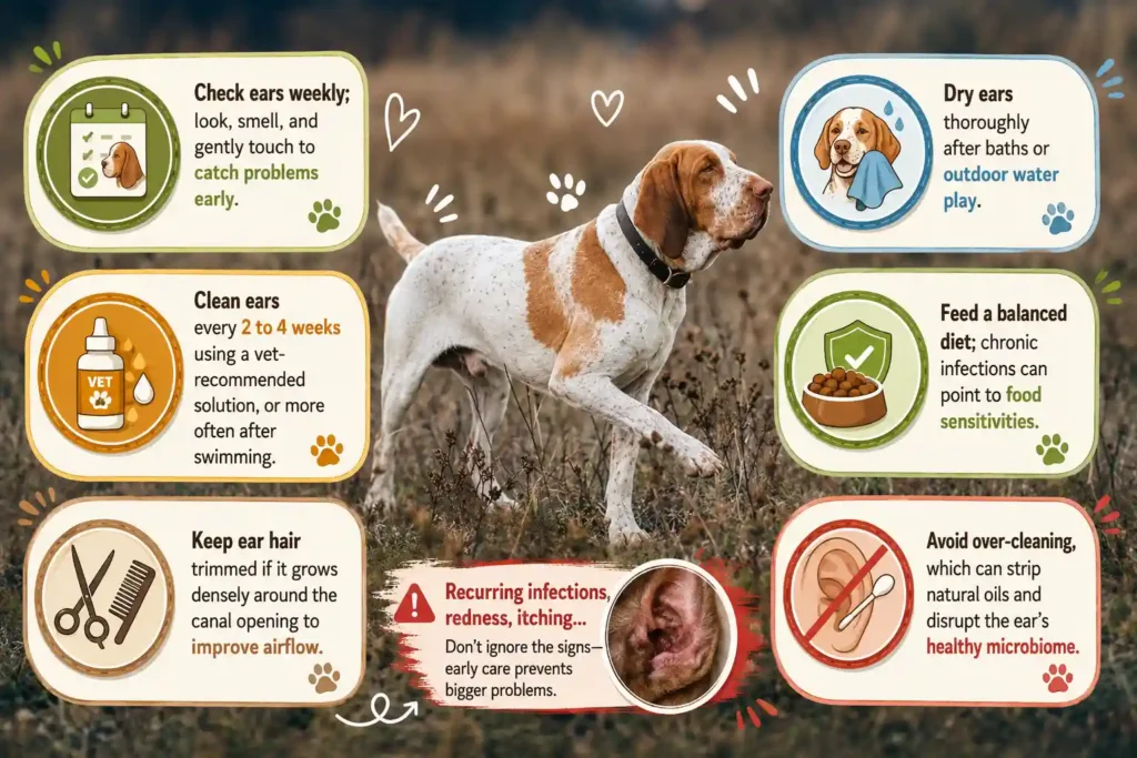 Bracco Italiano ear care and prevention tips infographic. 