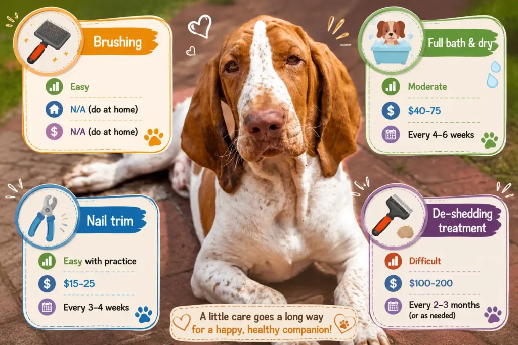 Bracco Italiano grooming tasks and cost comparison infographic.