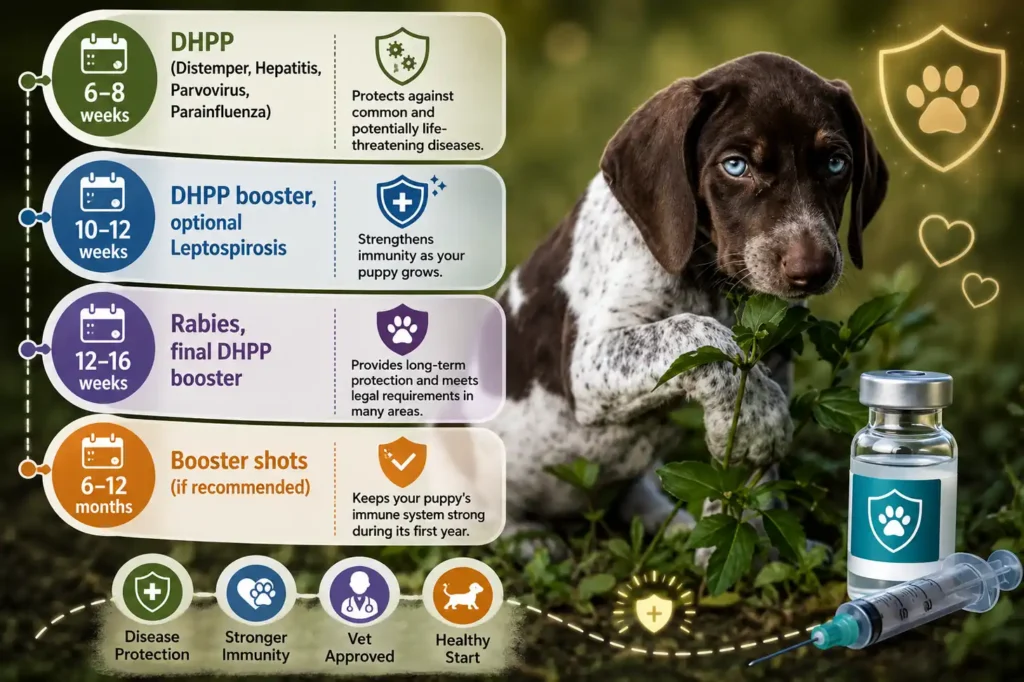 Bracco Italiano puppy vaccination schedule infographic.
