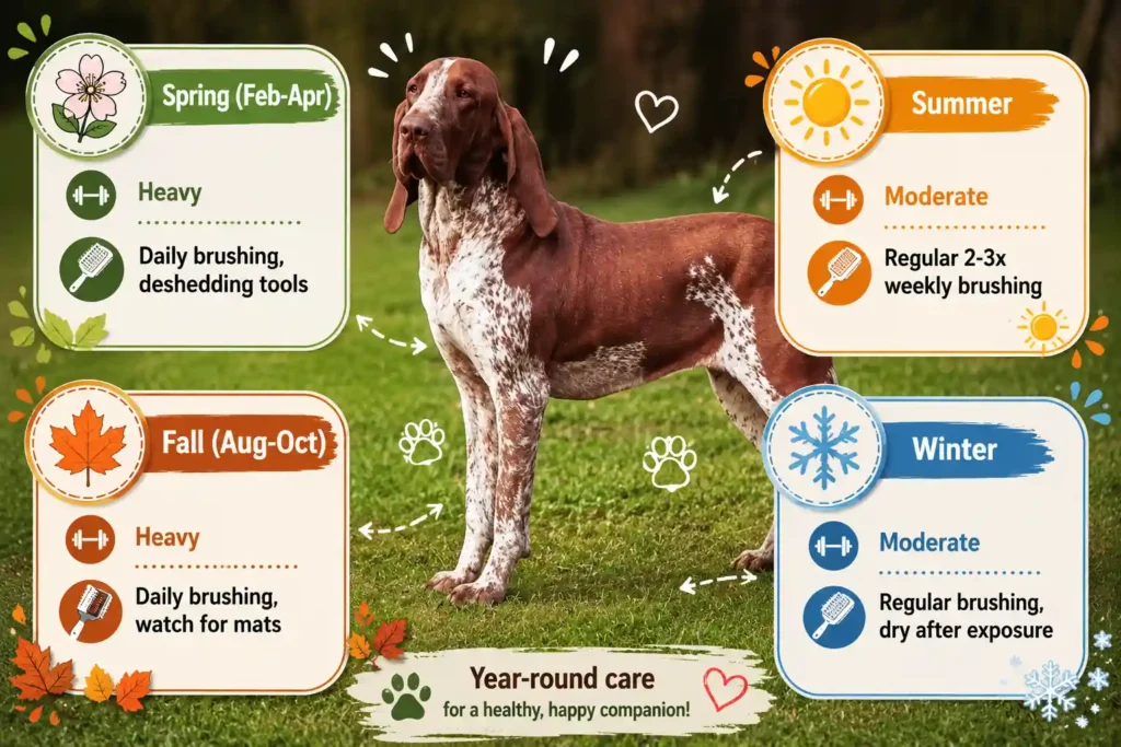Bracco Italiano seasonal grooming and brushing guide infographic.