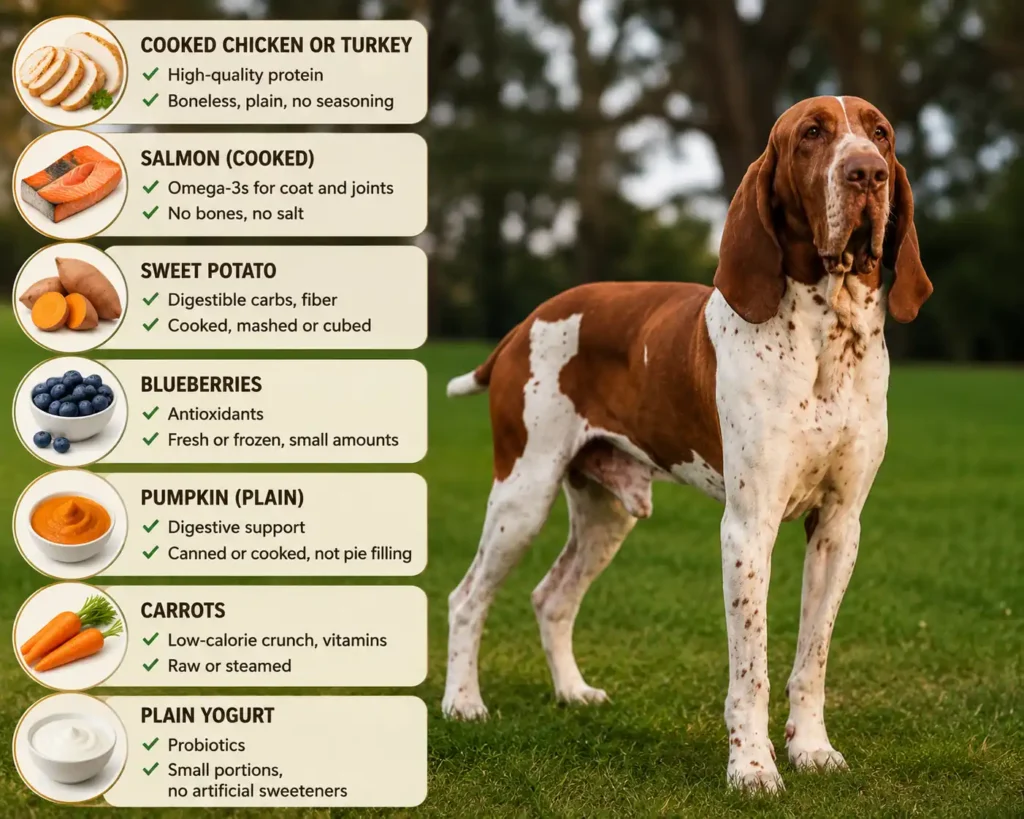 Bracco Italiano safe foods infographic with healthy diet recommendations and icons.