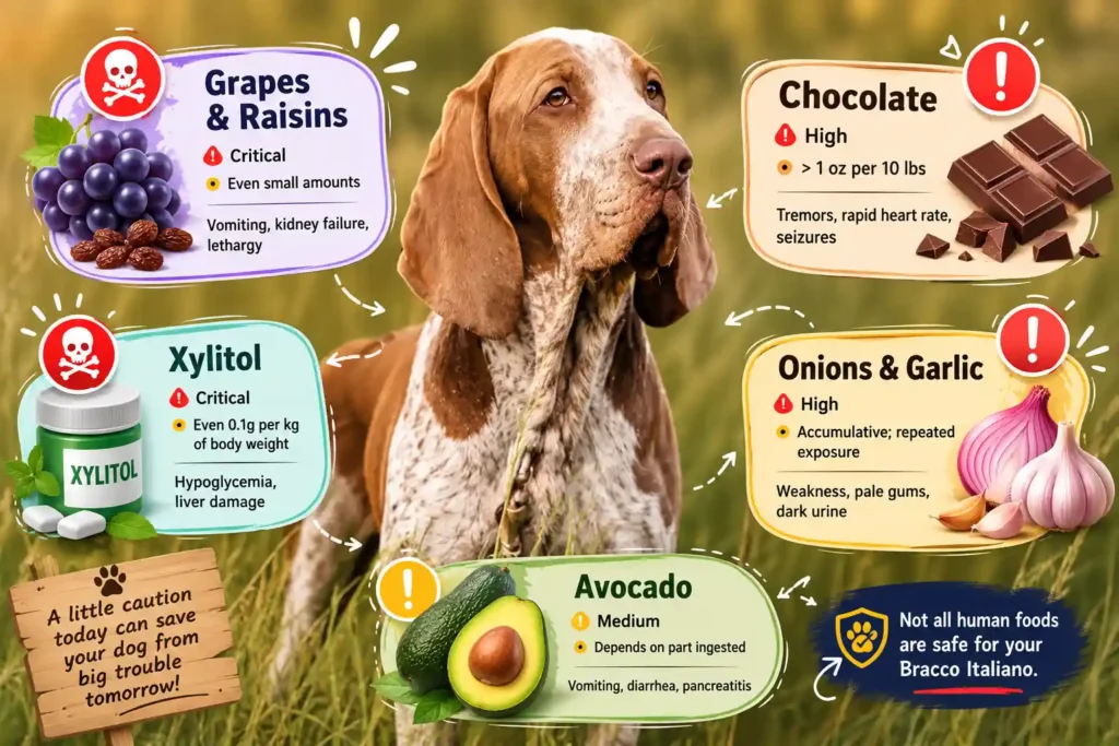 Bracco Italiano toxic foods infographic with safety warnings and harmful food icons.
