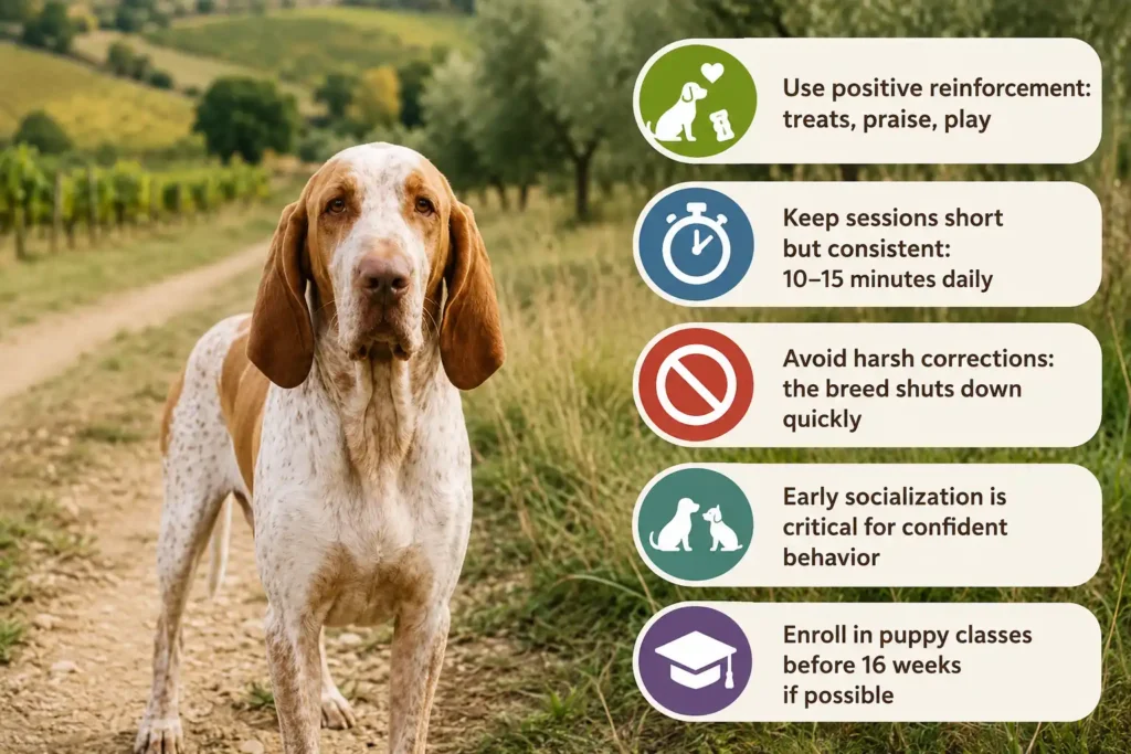 Bracco Italiano training tips infographic with dog and illustrated icons.