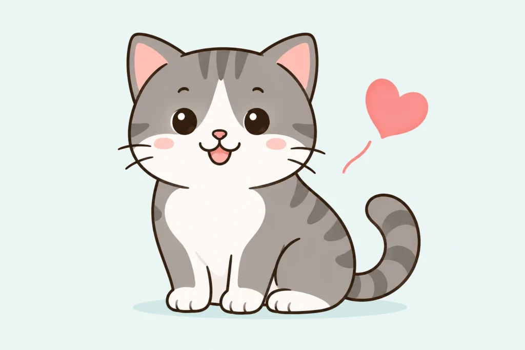 Cute cartoon gray and white cat illustration with a pink heart.