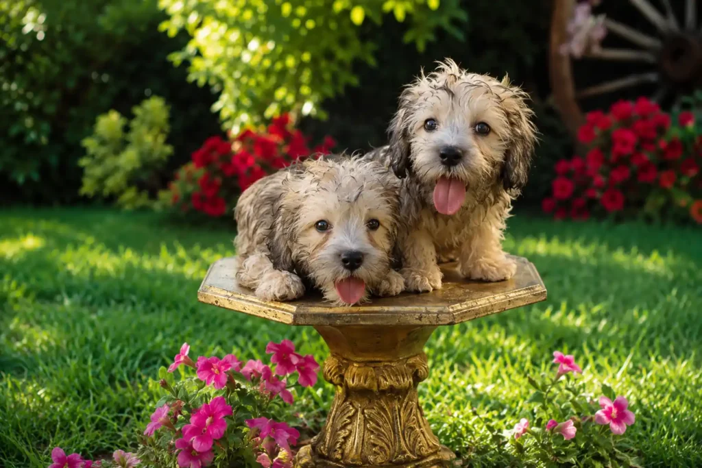 Dandie Dinmont Terrier puppies in garden 