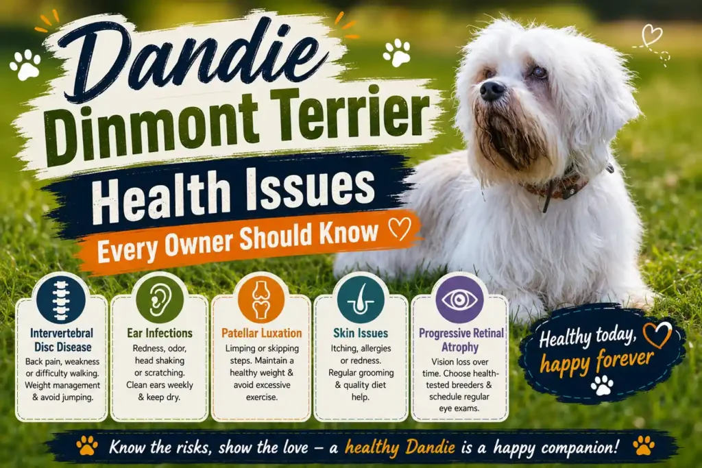 Dandie Dinmont Terrier health issues infographic with common conditions and care tips.