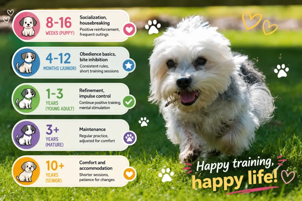 Dandie Dinmont Terrier training stages from puppy to senior with age-based tips. 