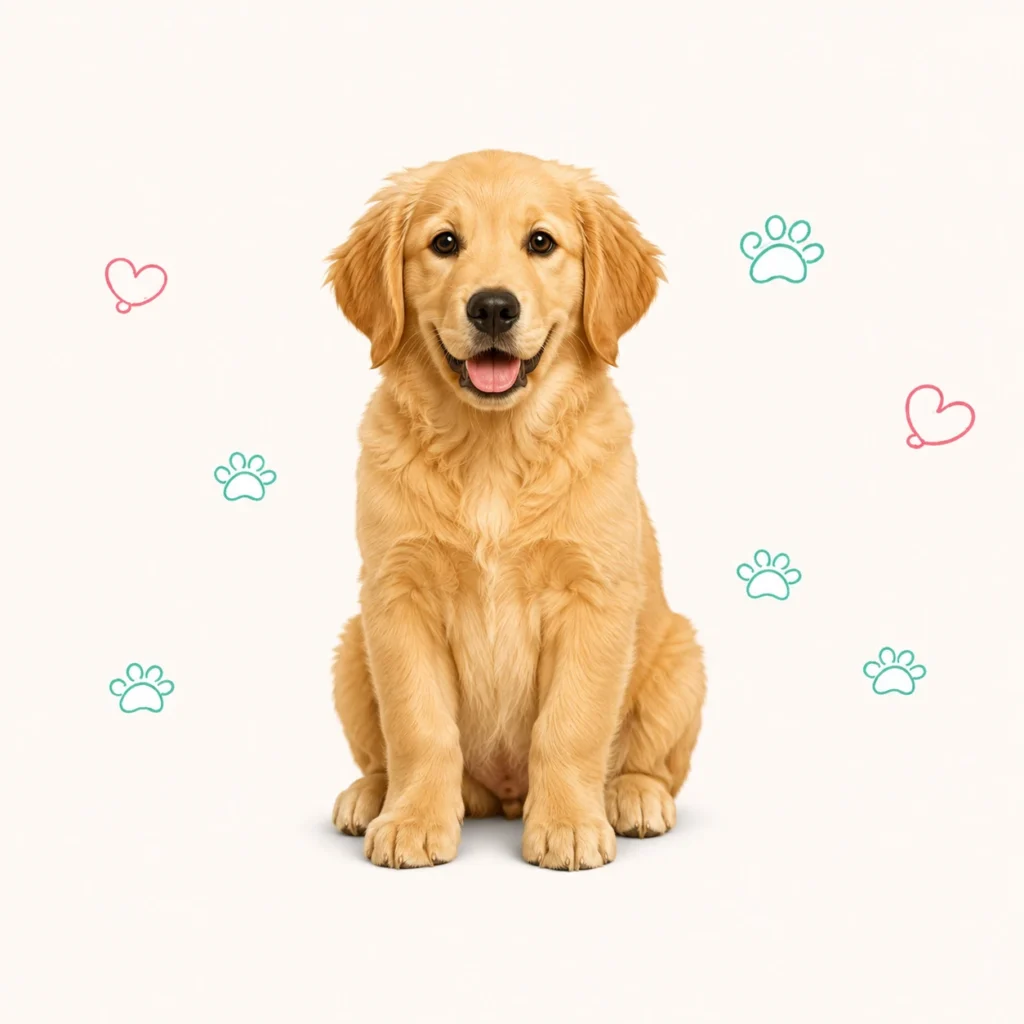 Realistic golden retriever puppy sitting on a cream background with colorful paw prints and heart doodles for a dog age calculator.