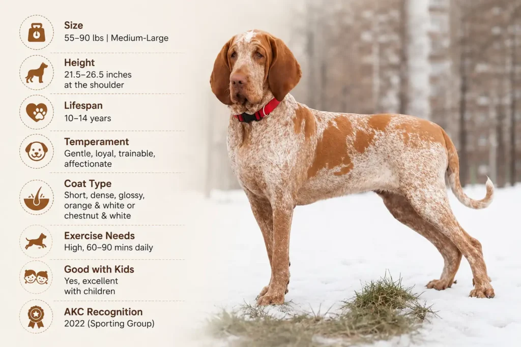 Bracco Italiano breed infographic with key traits and icons.