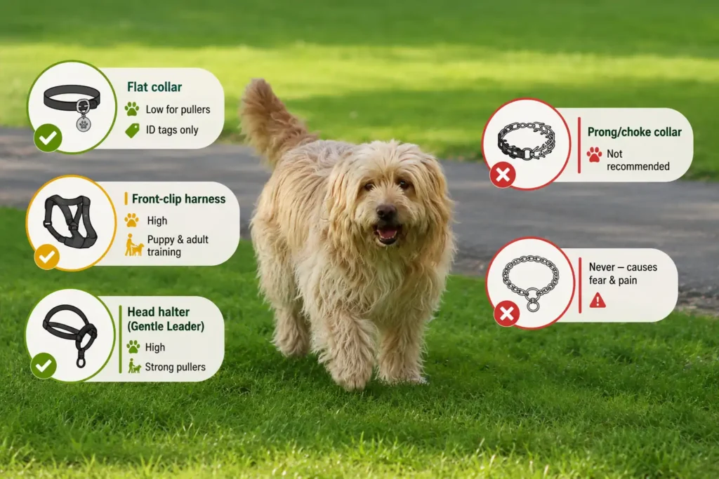 Dog collar and harness comparison infographic. 