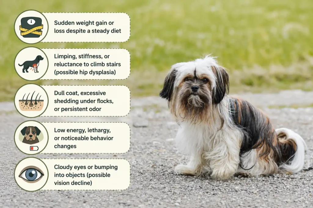 Dog health warning signs infographic with symptom icons. 
