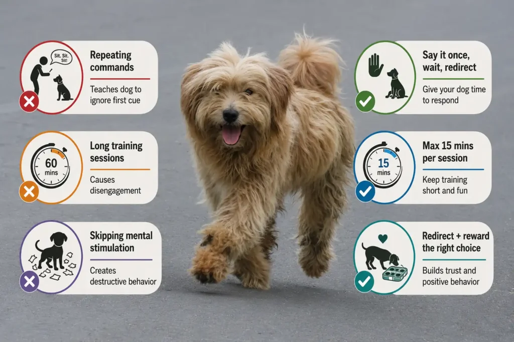 Dog training mistakes and positive training tips infographic. 