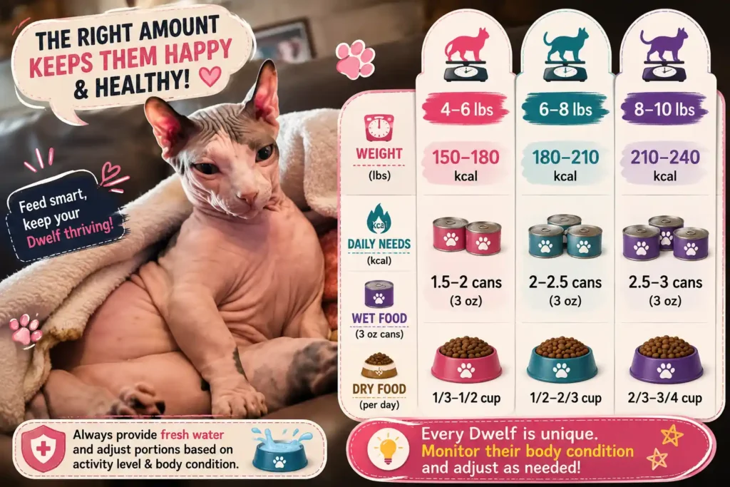Dwelf cat feeding guide by weight infographic.