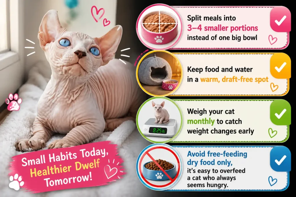 Dwelf cat feeding tips infographic.