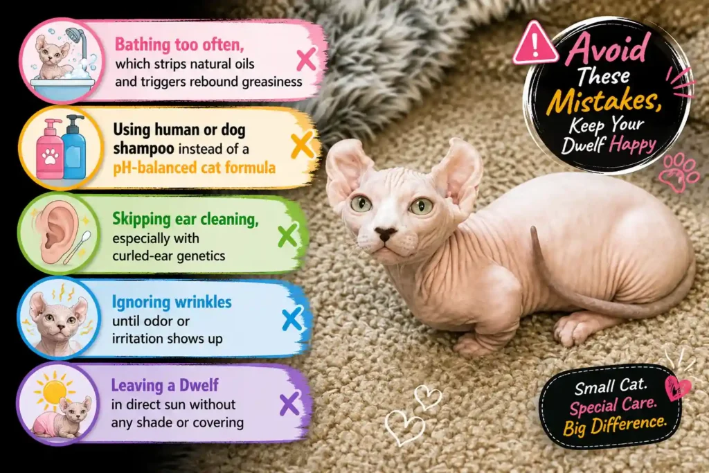 Dwelf cat grooming mistakes infographic.