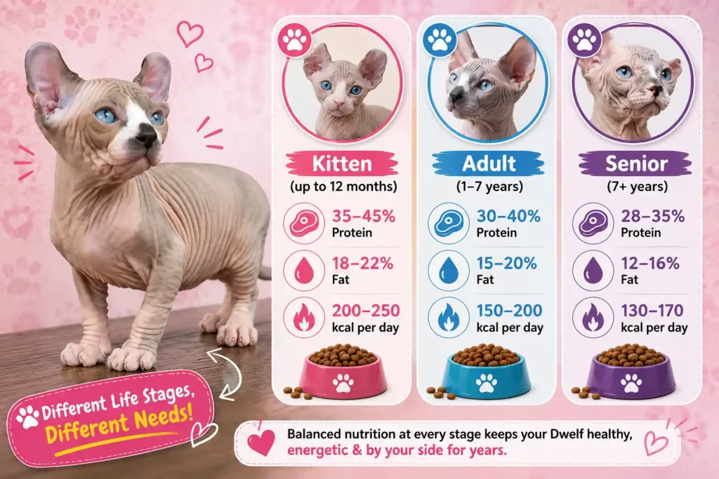Dwelf cat nutrition by age infographic.