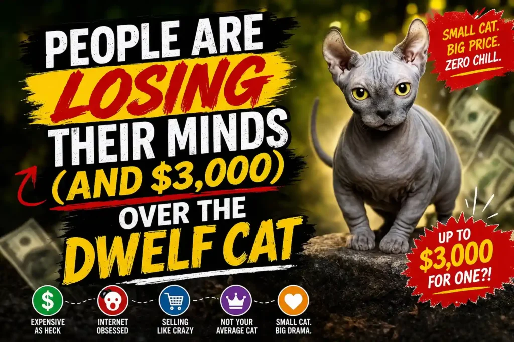 Dwelf cat with bold text about its $3,000 price.