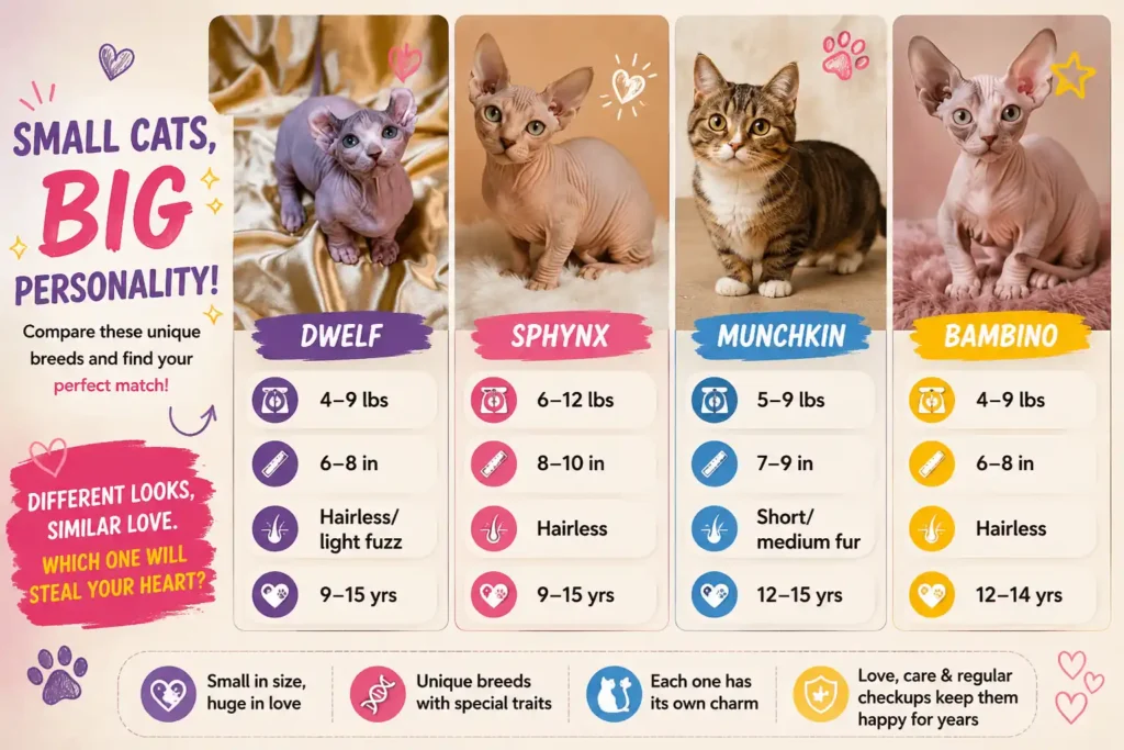 Dwelf vs Sphynx Munchkin Bambino comparison infographic