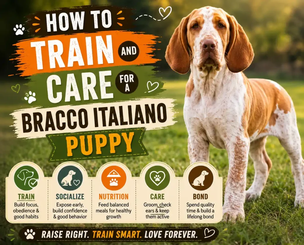Bracco Italiano puppy training and care guide.