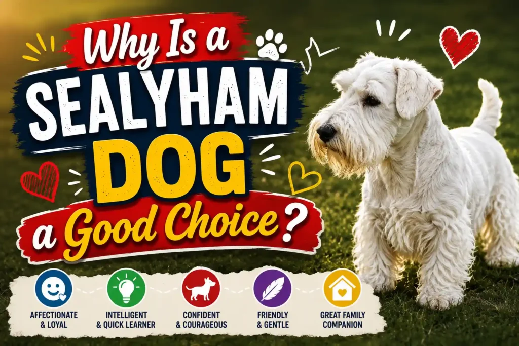 Sealyham Terrier standing on grass with bold title text.