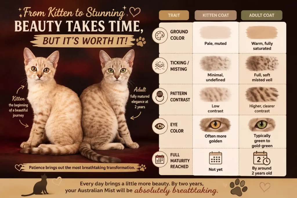 Australian Mist kitten to adult coat evolution 