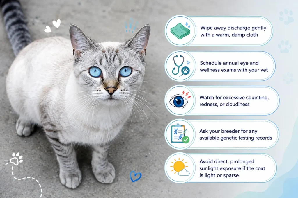 Blue-eyed cat eye care tips infographic