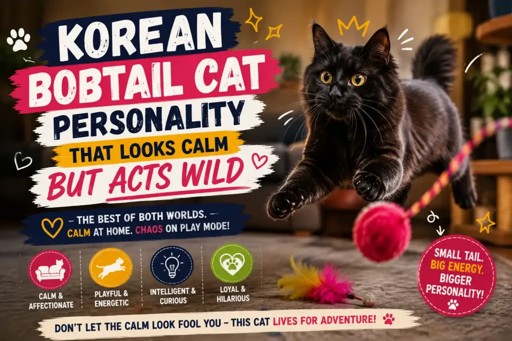 Black Korean Bobtail cat playing indoors