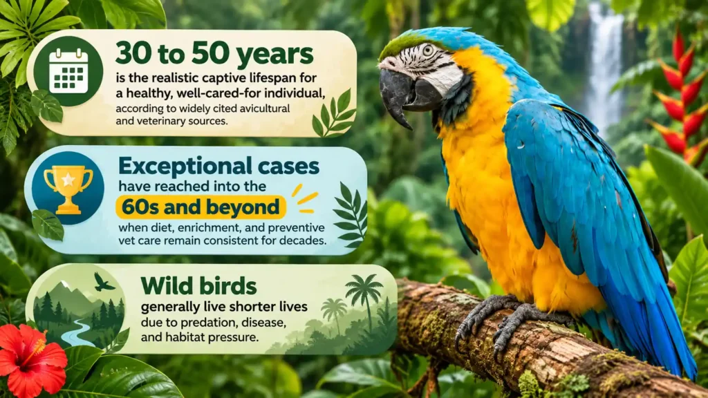 Blue and Gold Macaw lifespan guide infographic