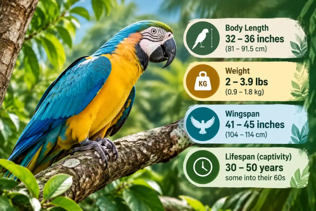Blue and Gold Macaw size and lifespan infographic