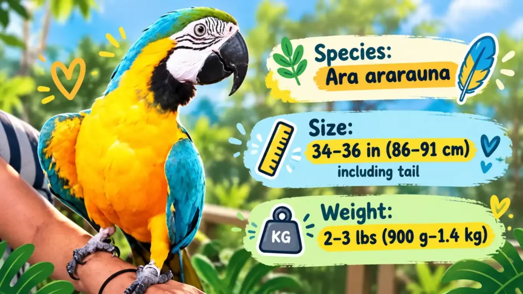 Blue and Gold Macaw size infographic