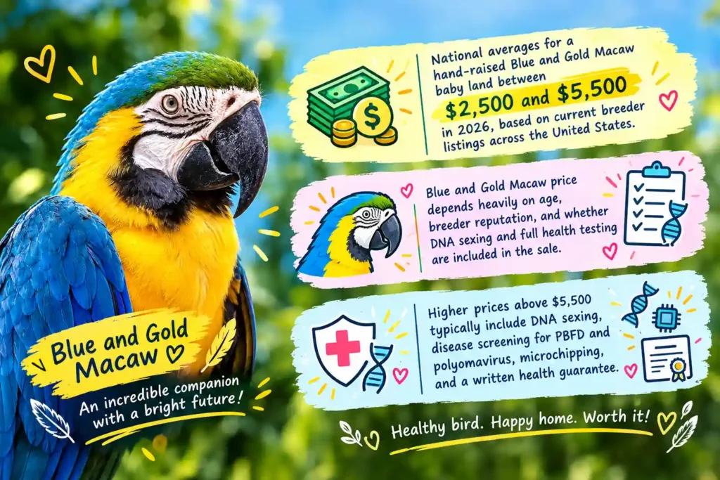 Blue and Gold Macaw with pricing and health details.