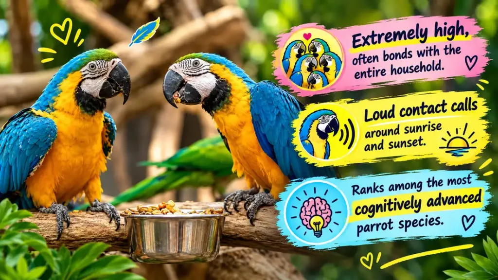 Blue and gold macaws showing social behavior.